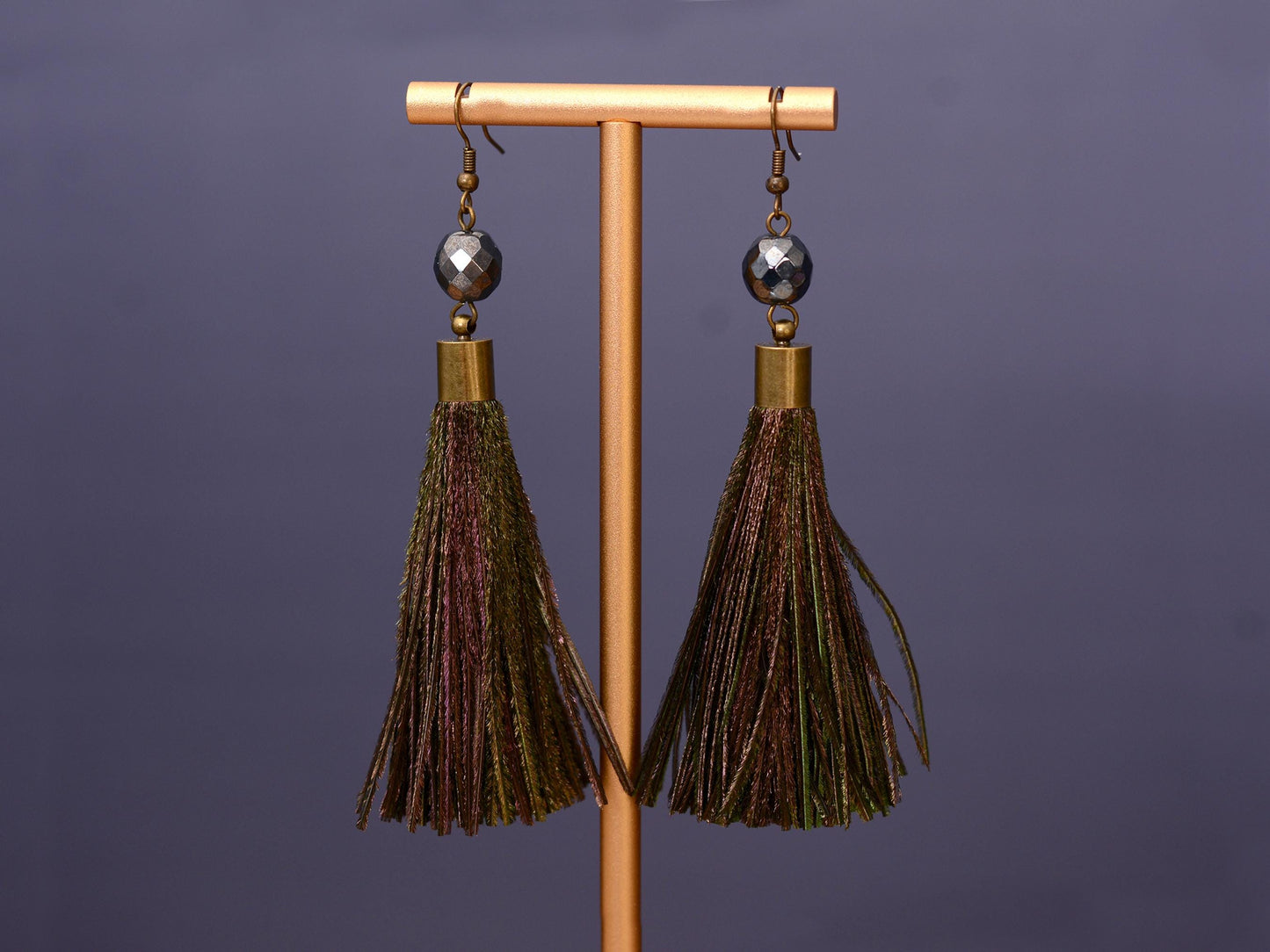 Large Round Peacock Feather Tassel Earrings | Festival Earrings | Feather Jewellery | Long Earrings