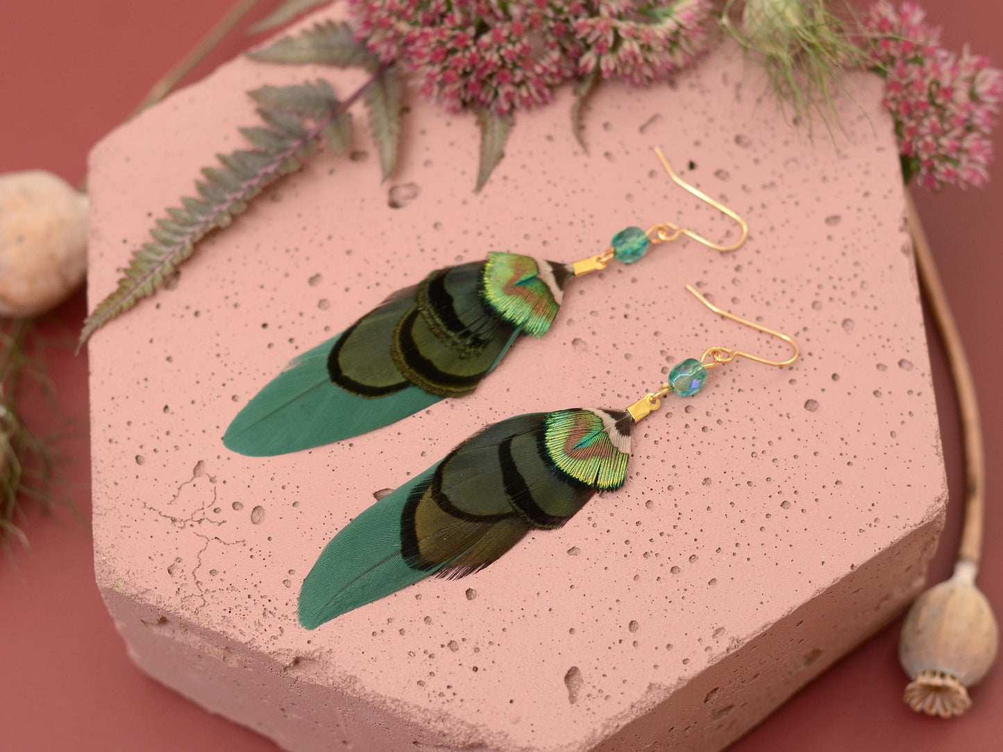 Green and Gold Small Feather Earrings with Emerald Crystal Bead | Festival Earrings | Feather Jewellery | Drop Earrings
