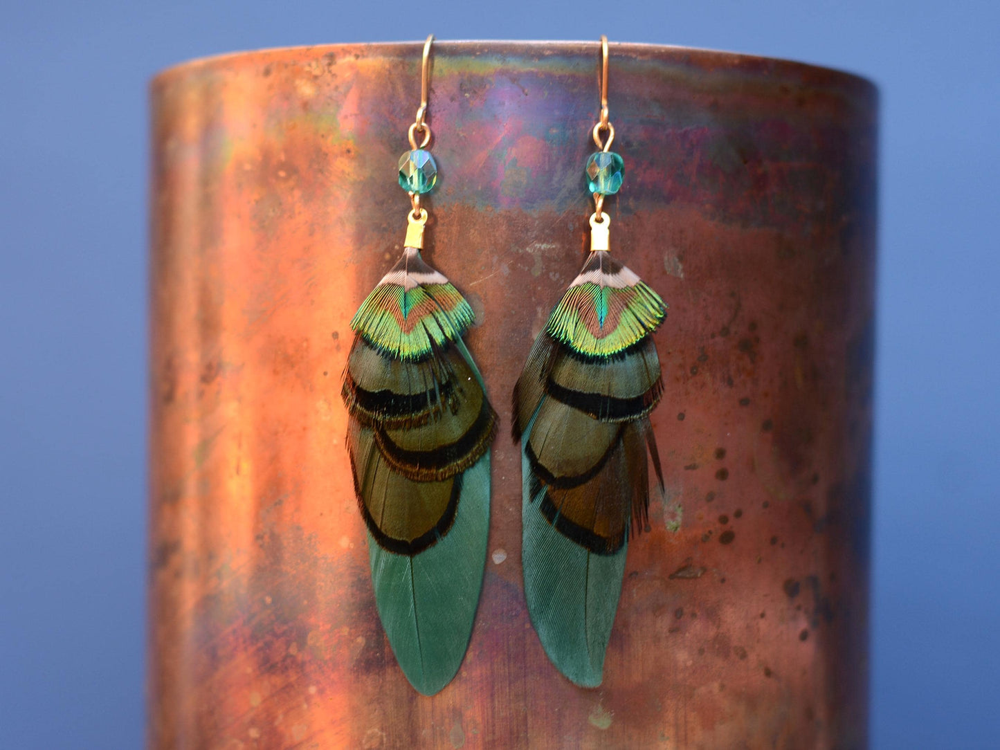 Green and Gold Small Feather Earrings with Emerald Crystal Bead | Festival Earrings | Feather Jewellery | Drop Earrings