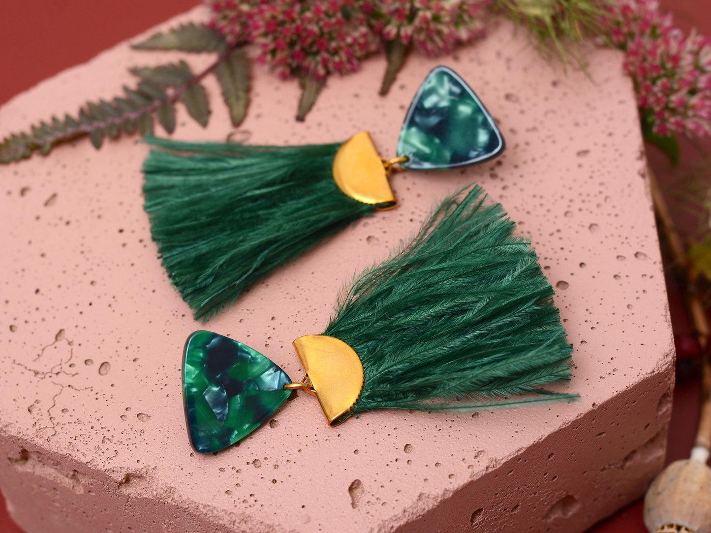 Rich Green Triangle Acetate and Ostrich Feather Tassel Earrings