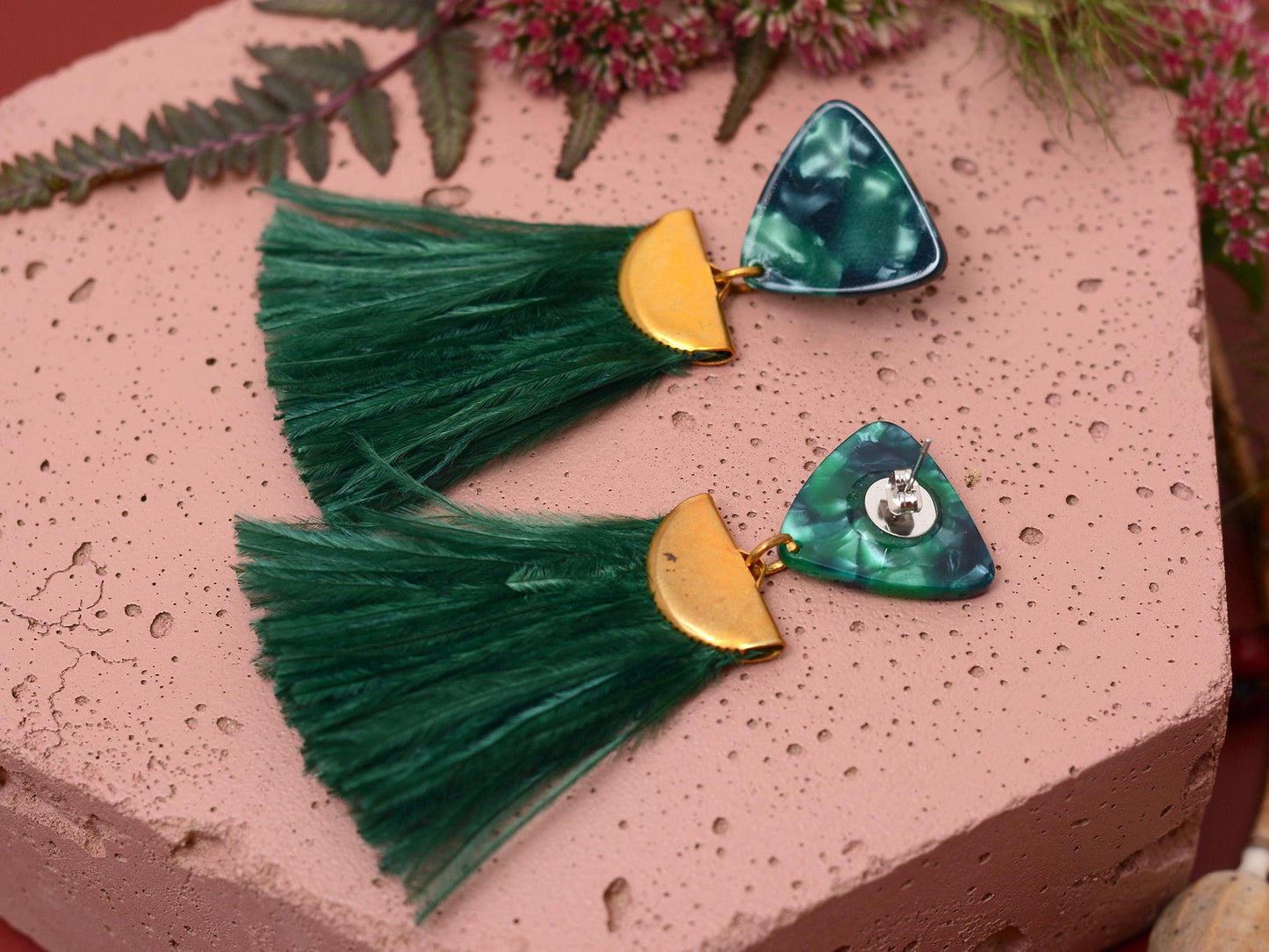 Rich Green Triangle Acetate and Ostrich Feather Tassel Earrings