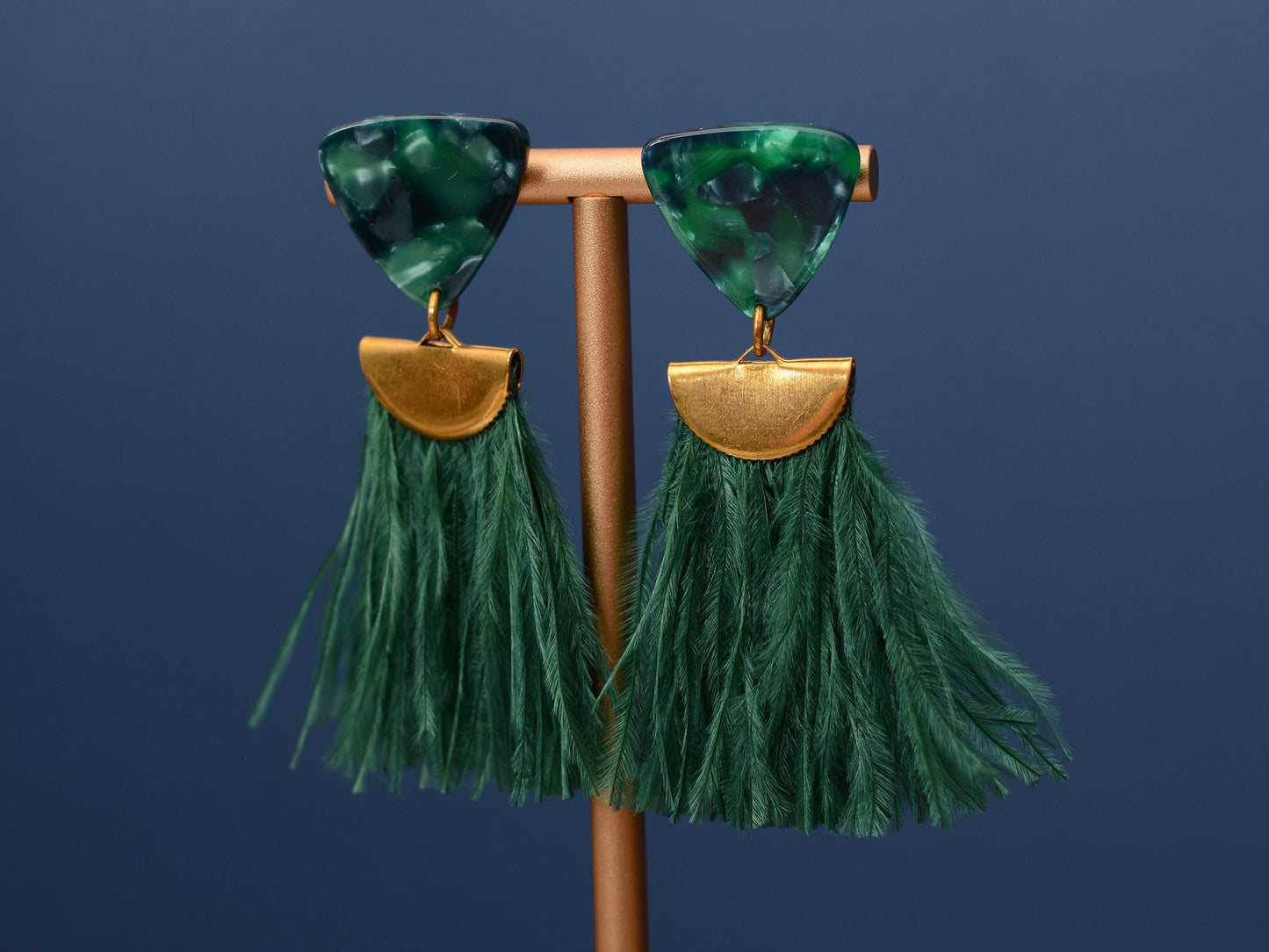 Rich Green Triangle Acetate and Ostrich Feather Tassel Earrings
