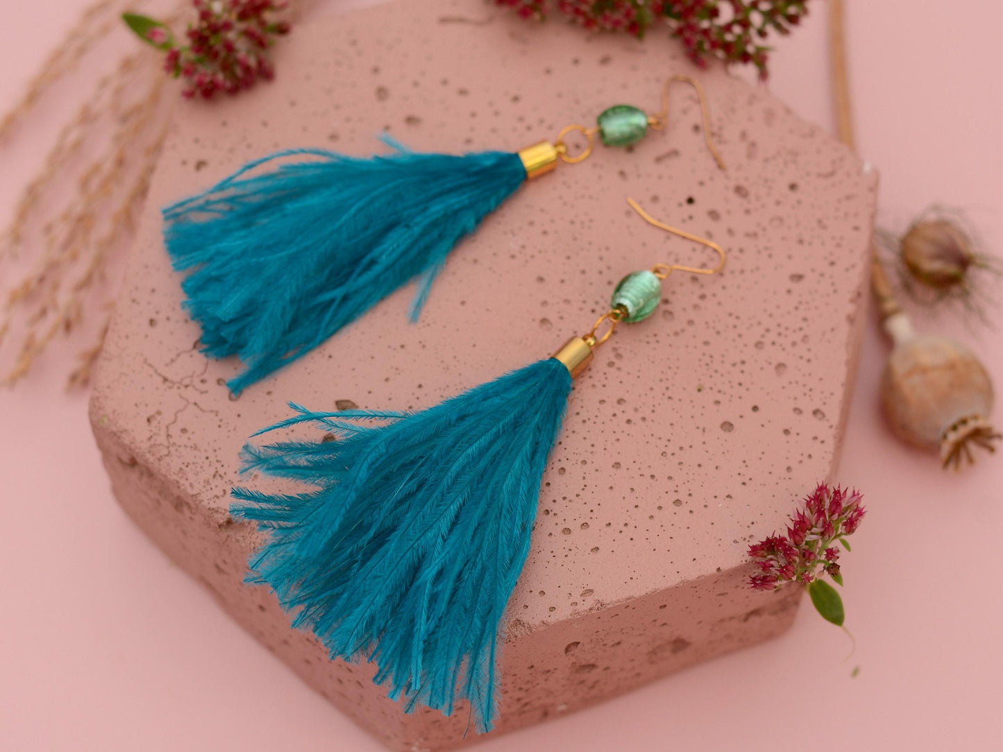 Long Turquoise Ostrich Feather Tassel Earrings | Festival Earrings | Feather Jewellery | Festival Jewellery | Long Earrings