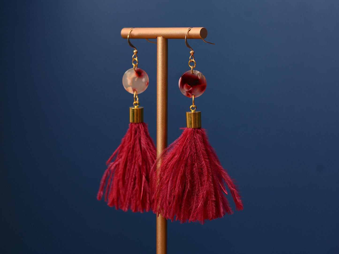 Jupiter - Crimson Red Ostrich Feather Tassel Earrings with Acetate Disc