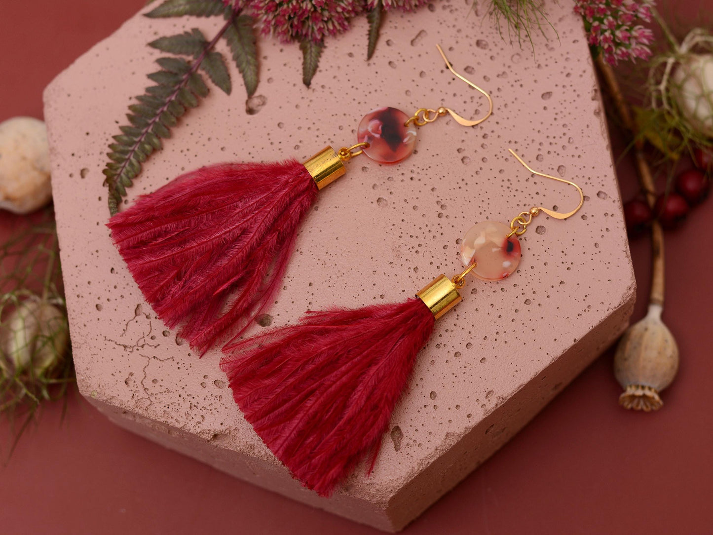 Jupiter - Crimson Red Ostrich Feather Tassel Earrings with Acetate Disc