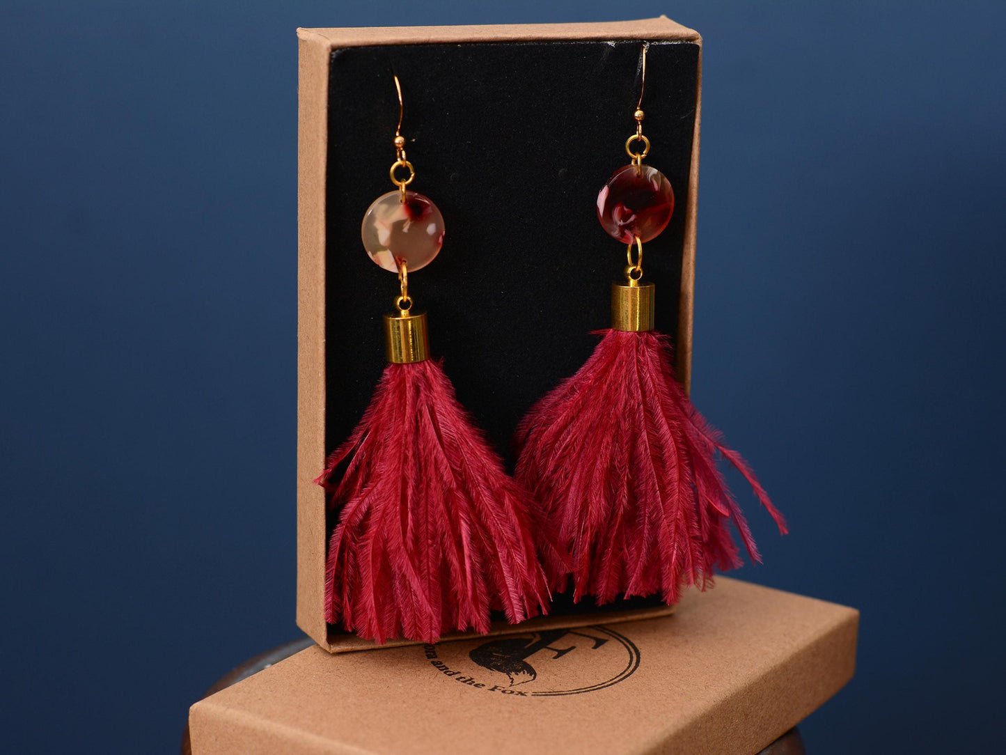 Jupiter - Crimson Red Ostrich Feather Tassel Earrings with Acetate Disc