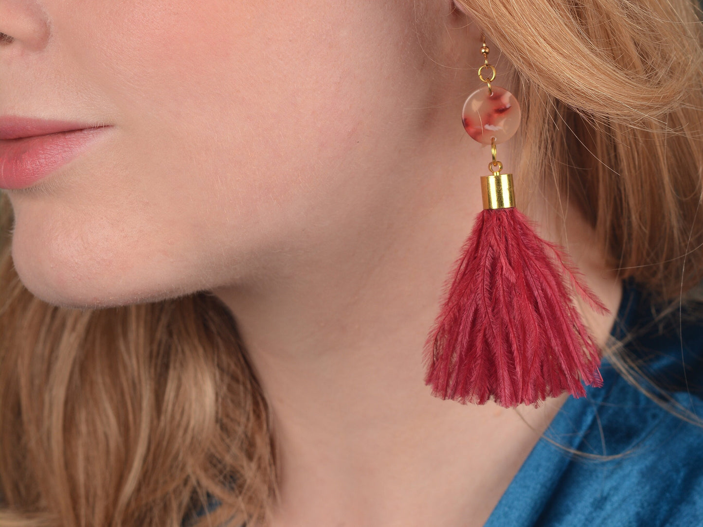 Jupiter - Crimson Red Ostrich Feather Tassel Earrings with Acetate Disc