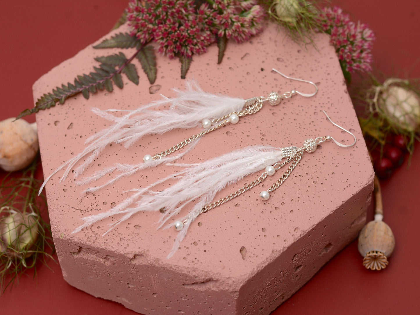 Bridal White Ostrich Feather Tassel Earrings with Pearls and Silver Beads