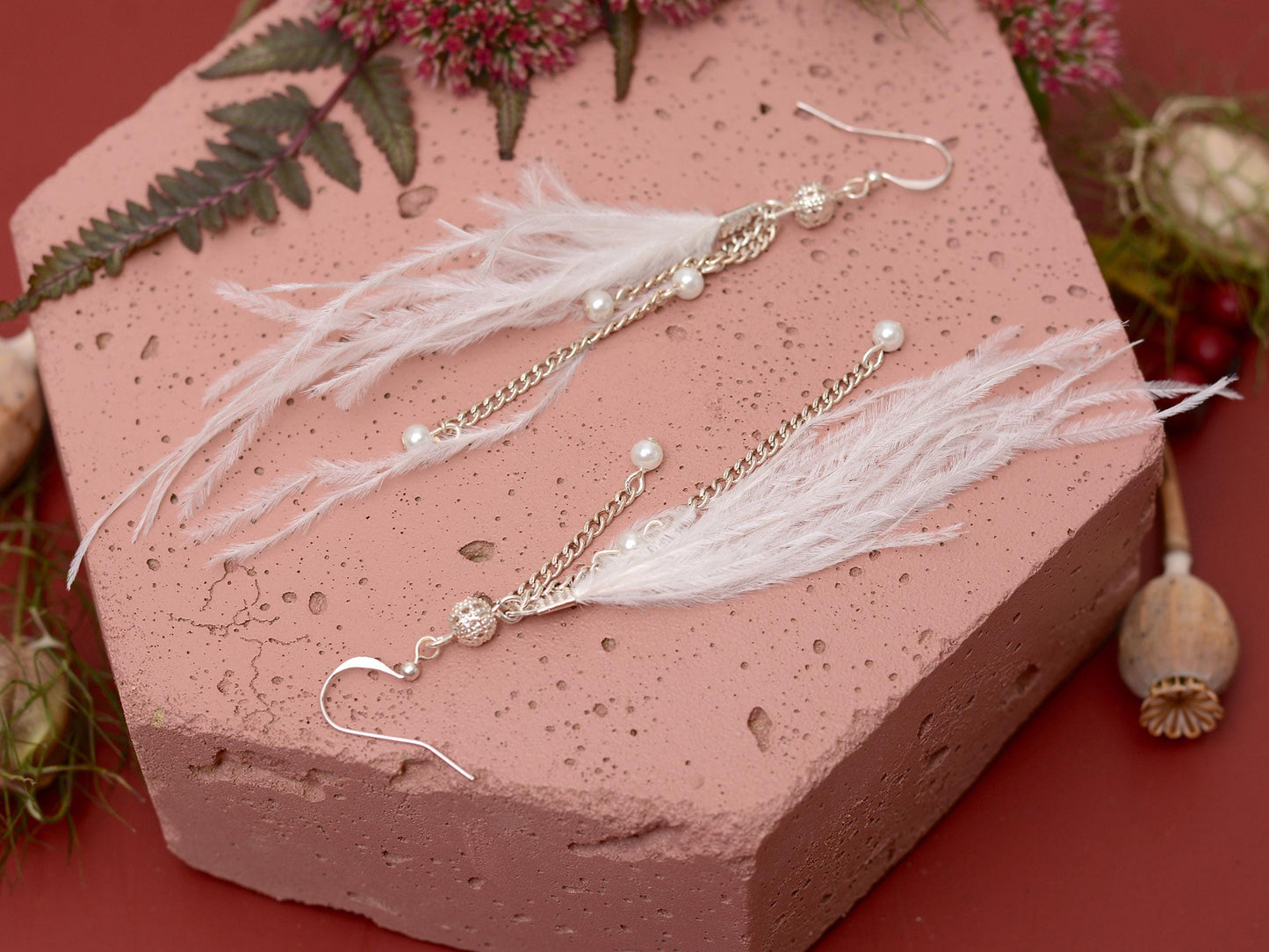 Bridal White Ostrich Feather Tassel Earrings with Pearls and Silver Beads