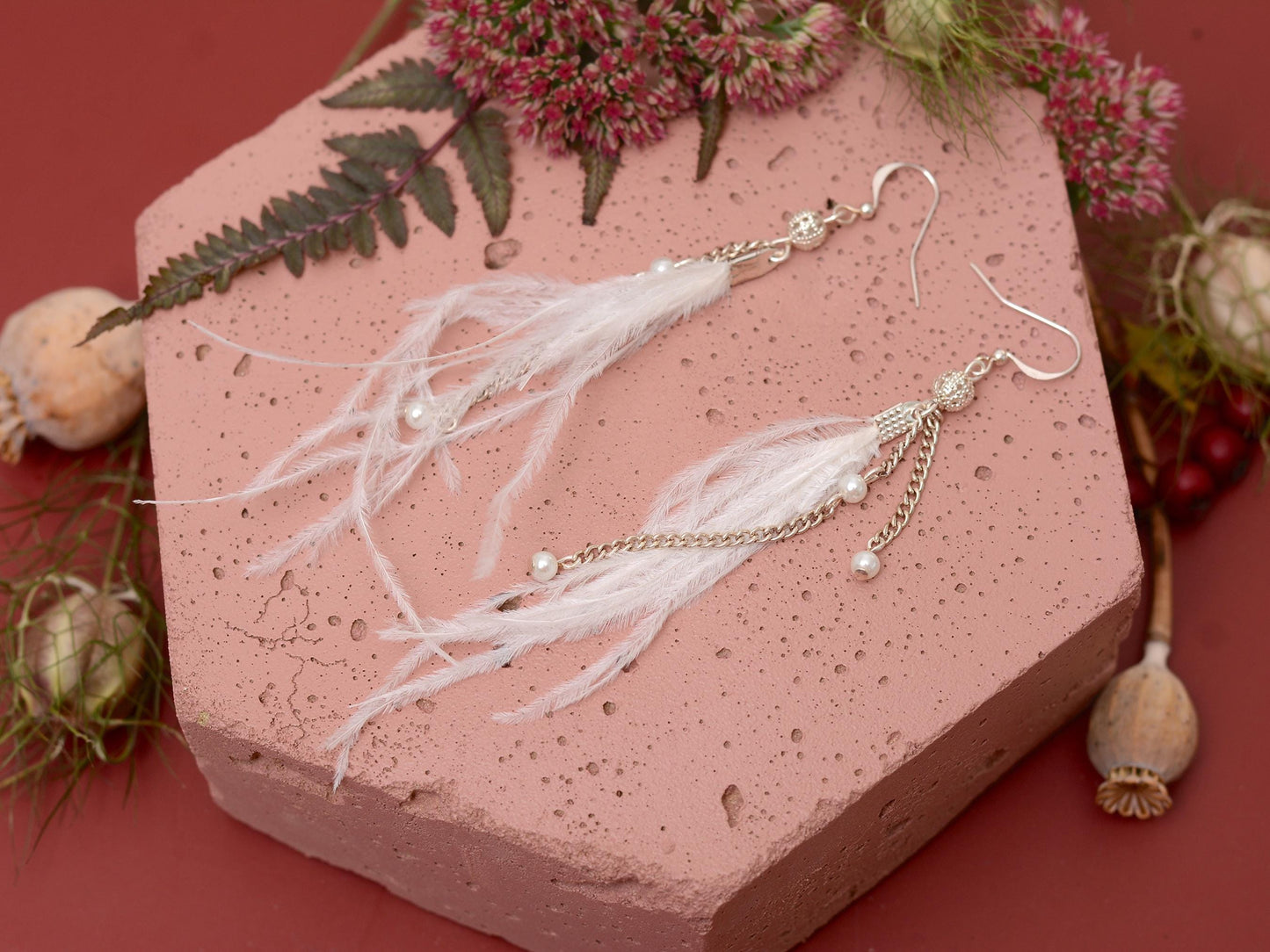 Bridal White Ostrich Feather Tassel Earrings with Pearls and Silver Beads