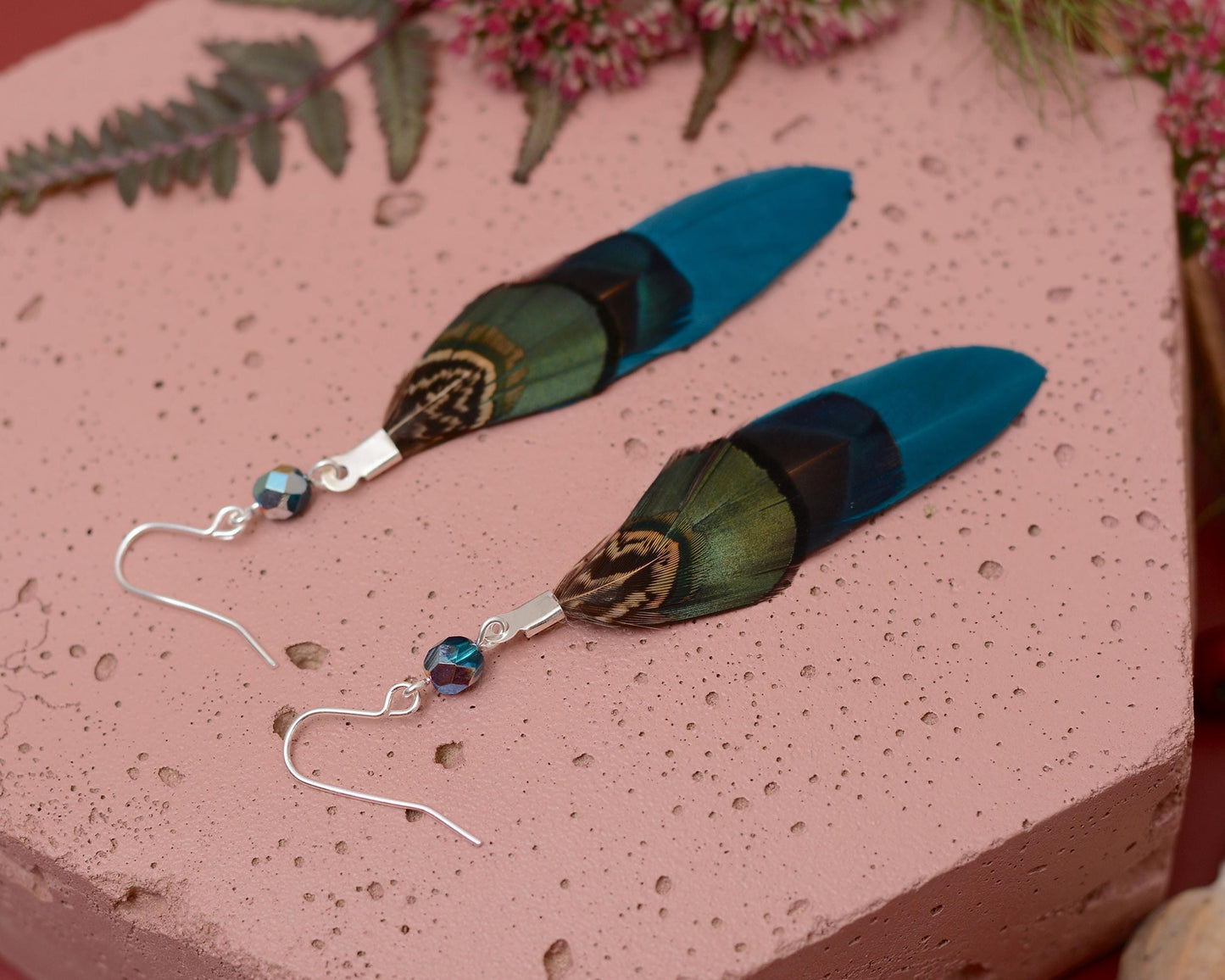 Teal, Blue and Green Pheasant Feather Earrings | Festival Earrings | Feather Jewellery | Festival Jewellery | Drop Earrings