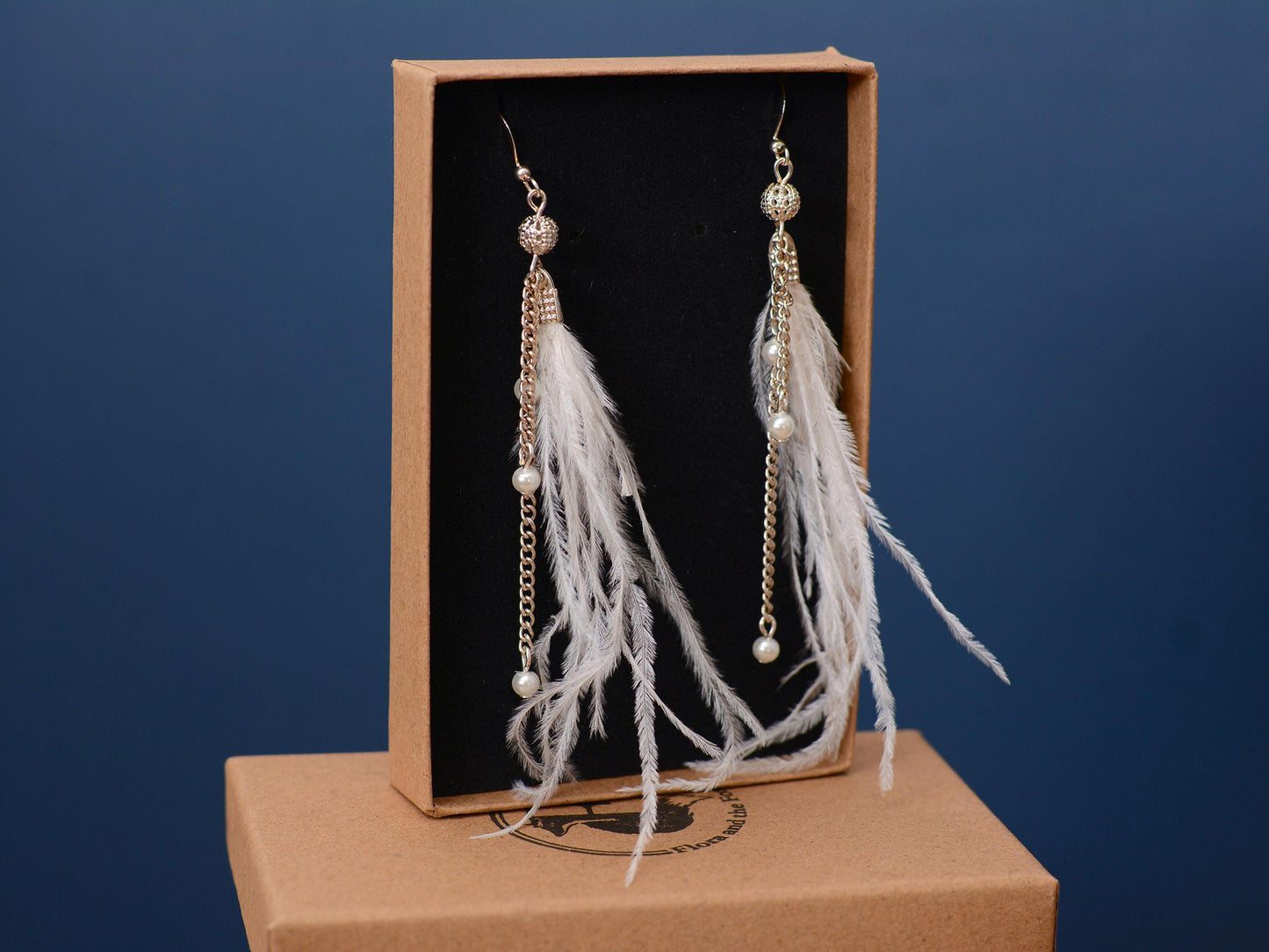 Bridal White Ostrich Feather Tassel Earrings with Pearls and Silver Beads