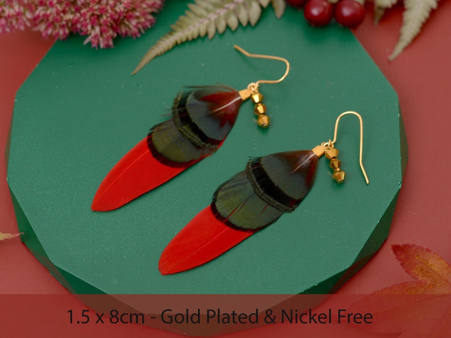 Red, Green and Gold Feather Earrings | Festival Earrings | Feather Jewellery | Festival Jewellery | Drop Earrings