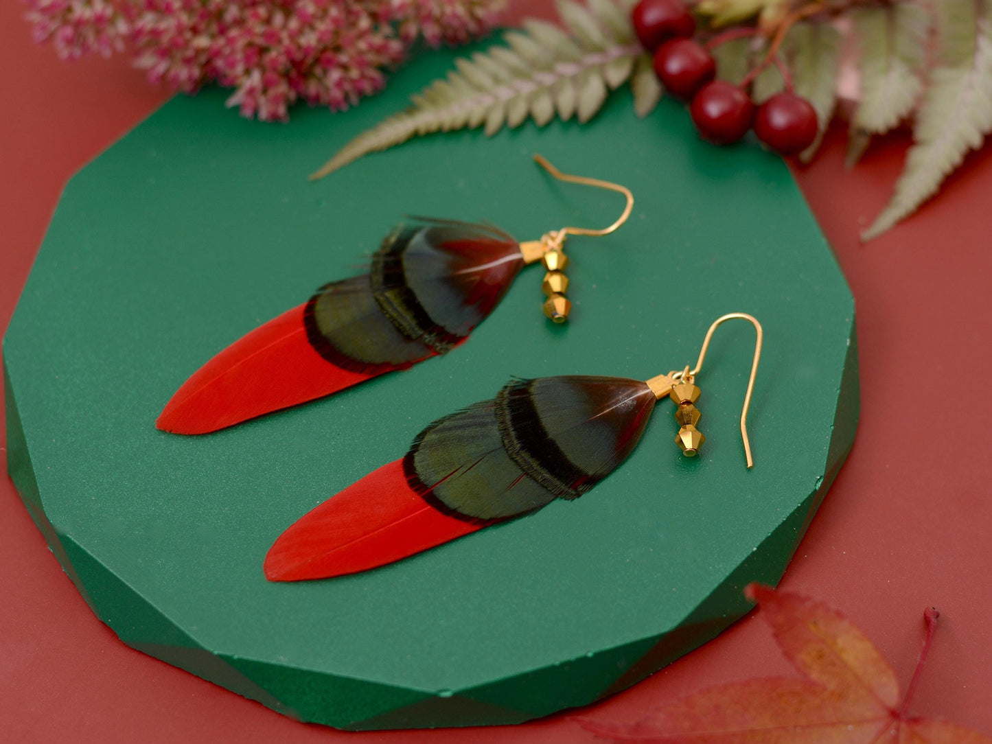 Red, Green and Gold Feather Earrings | Festival Earrings | Feather Jewellery | Festival Jewellery | Drop Earrings
