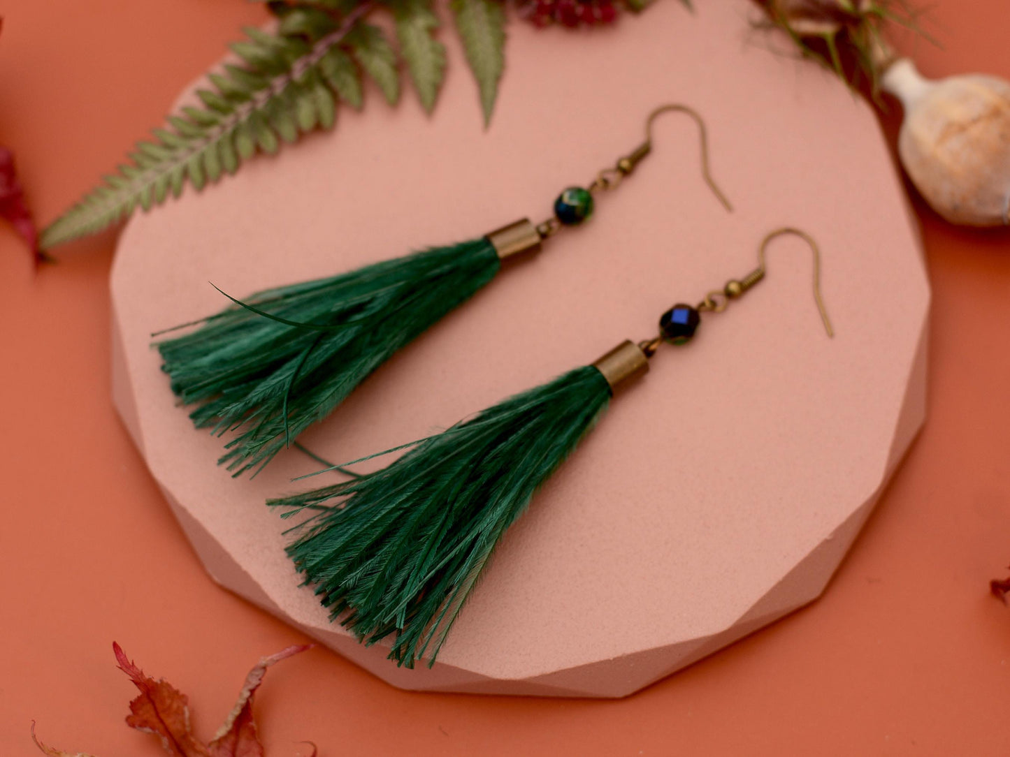 Emerald Green Ostrich Feather Tassel Long Earrings