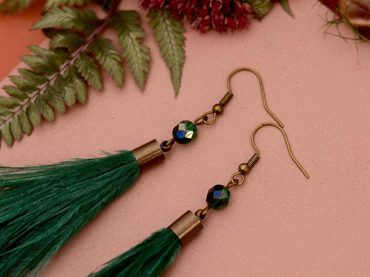 Emerald Green Ostrich Feather Tassel Long Earrings