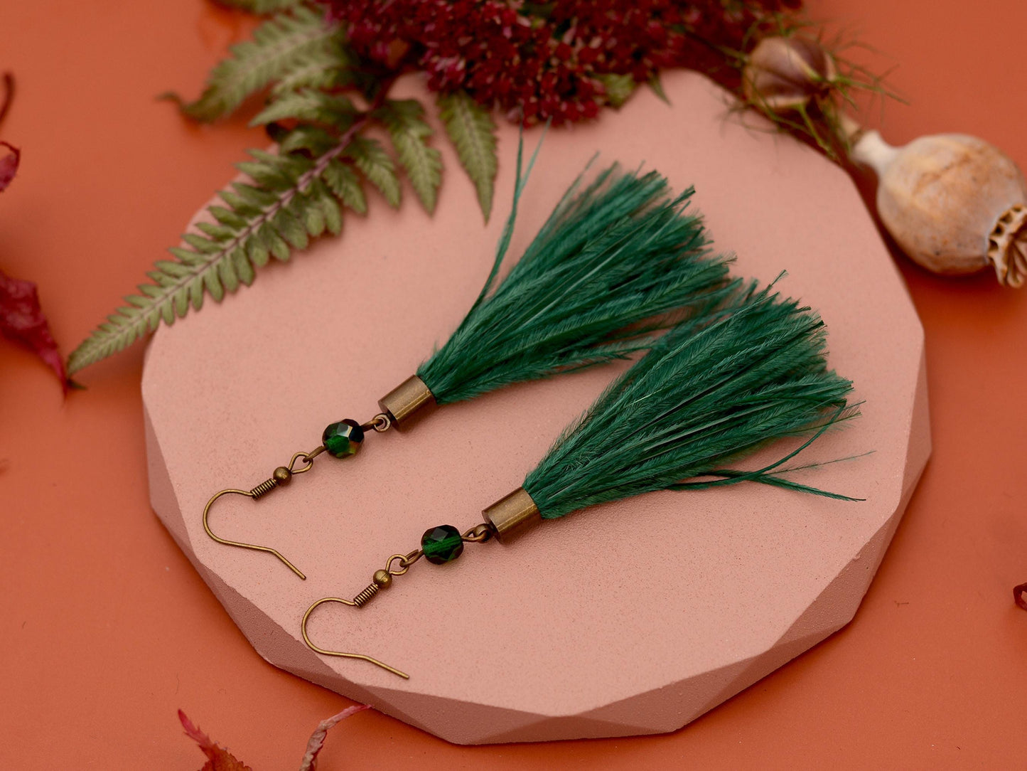 Emerald Green Ostrich Feather Tassel Long Earrings