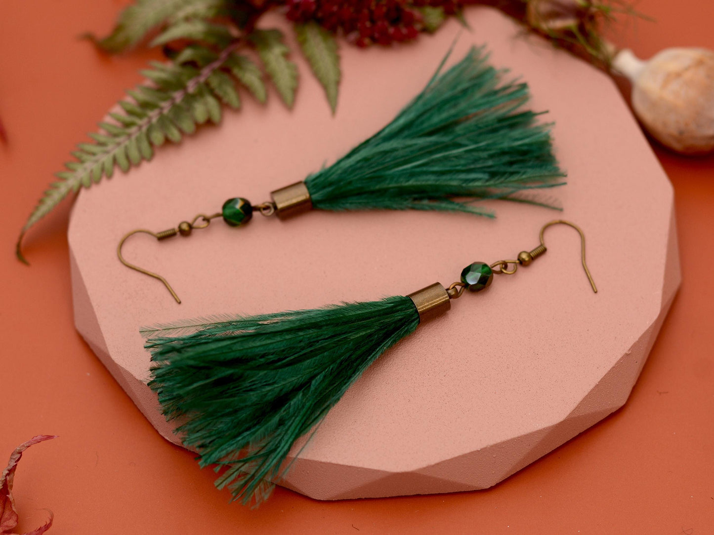 Emerald Green Ostrich Feather Tassel Long Earrings