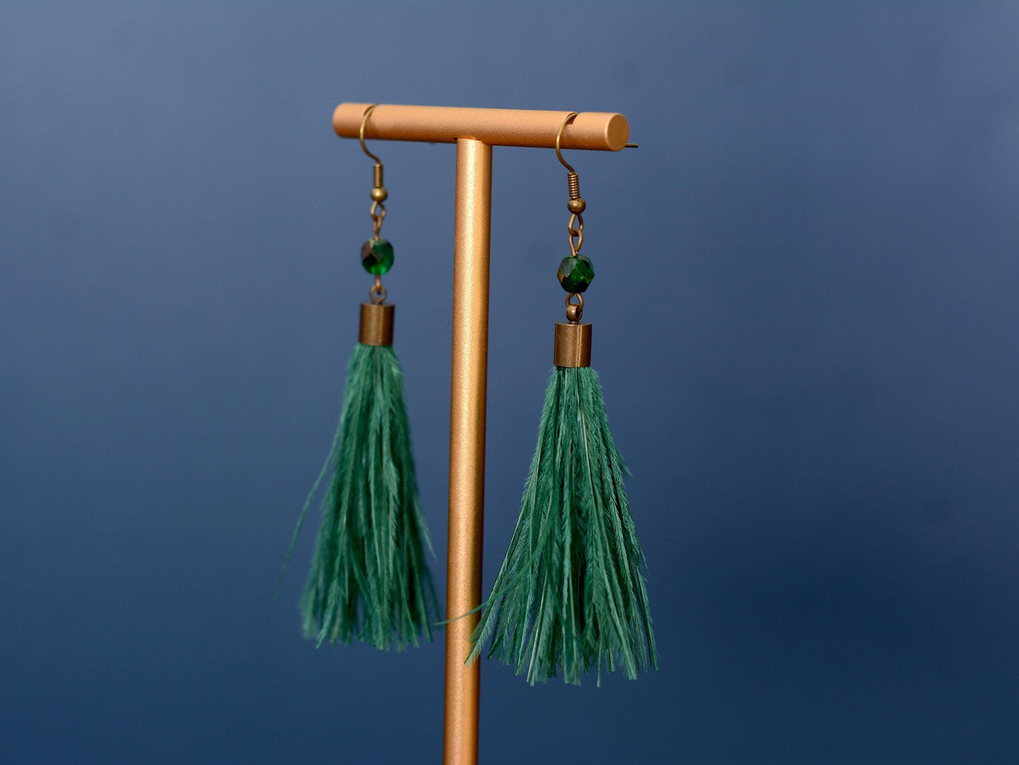 Emerald Green Ostrich Feather Tassel Long Earrings