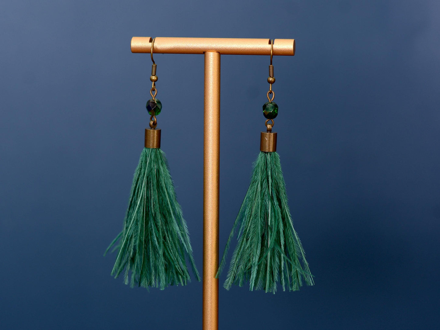 Emerald Green Ostrich Feather Tassel Long Earrings