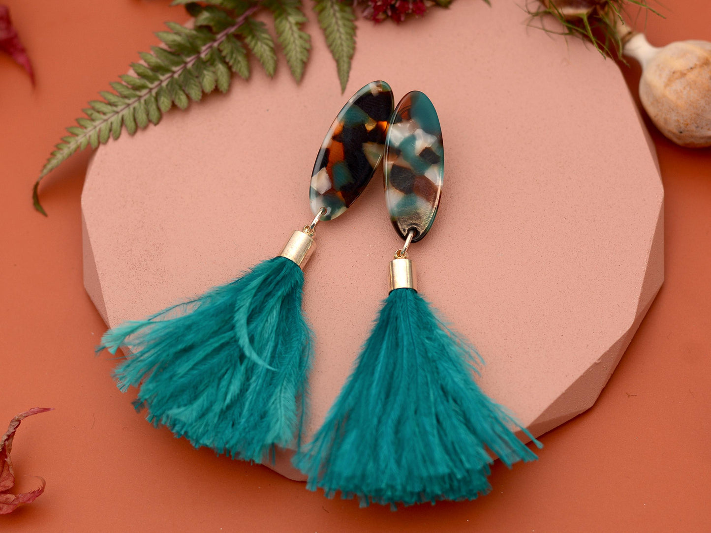 Statement Teal Blue Oval Acetate and Ostrich Feather Tassel Earrings