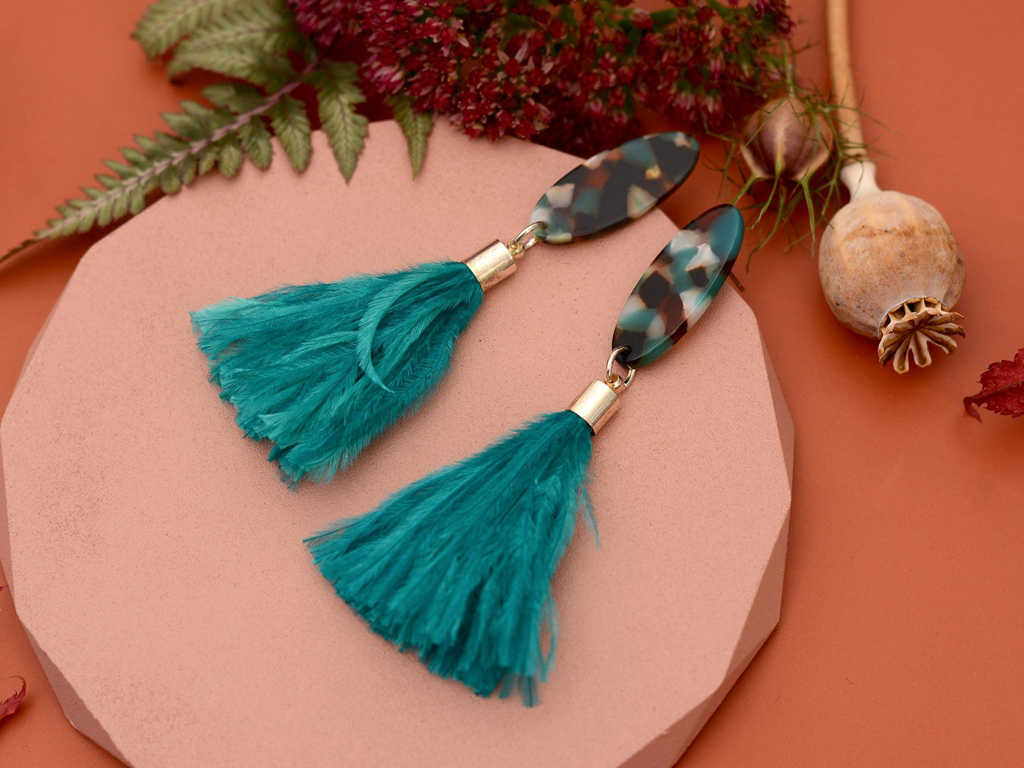 Statement Teal Blue Oval Acetate and Ostrich Feather Tassel Earrings