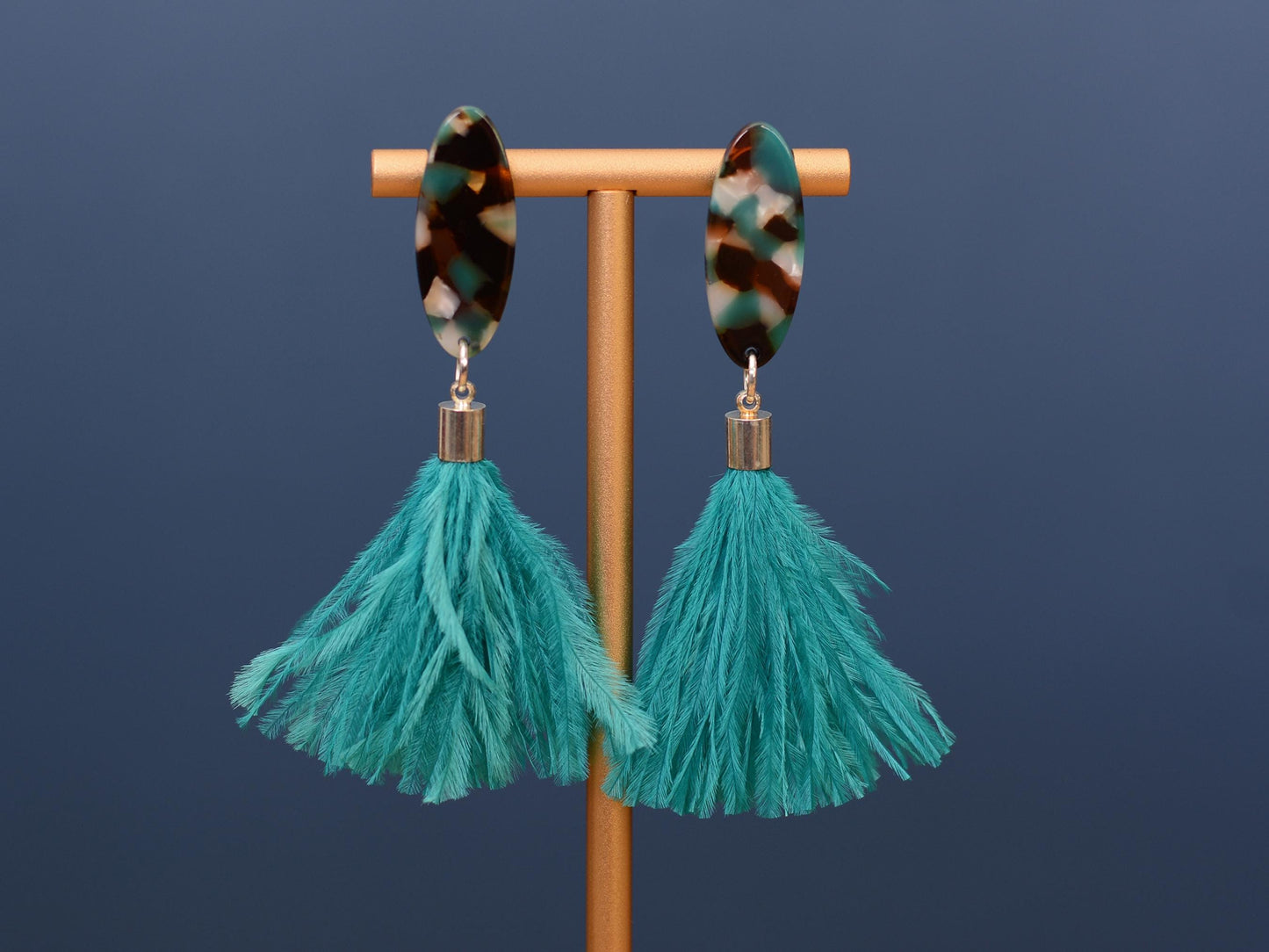 Statement Teal Blue Oval Acetate and Ostrich Feather Tassel Earrings