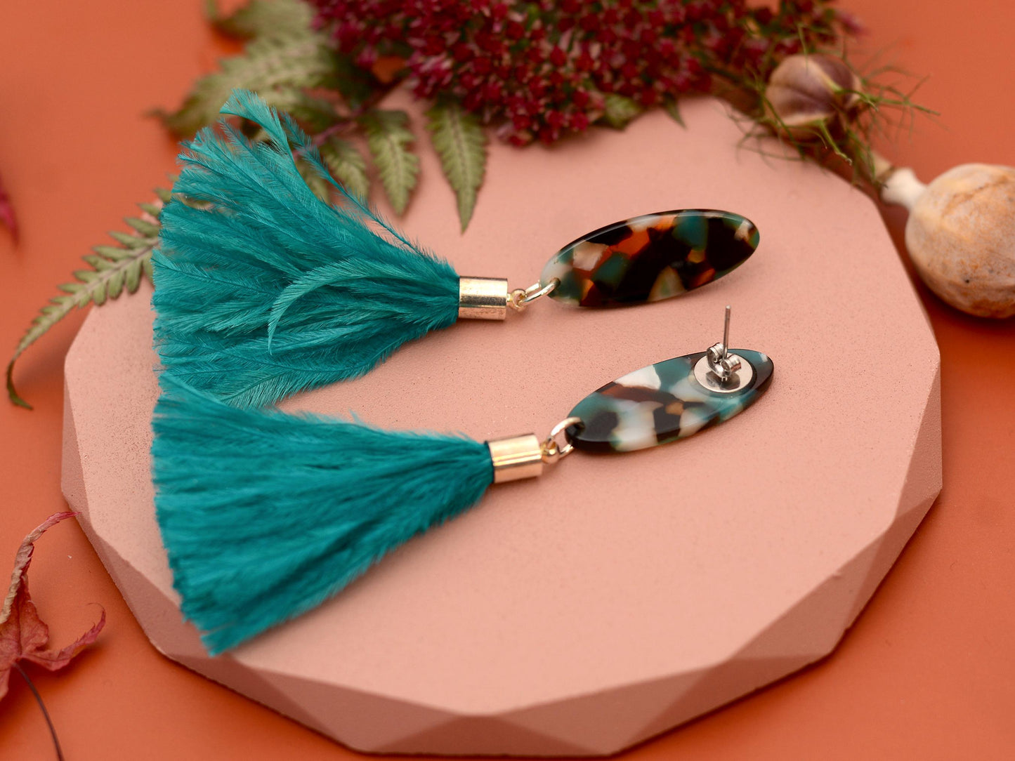 Statement Teal Blue Oval Acetate and Ostrich Feather Tassel Earrings