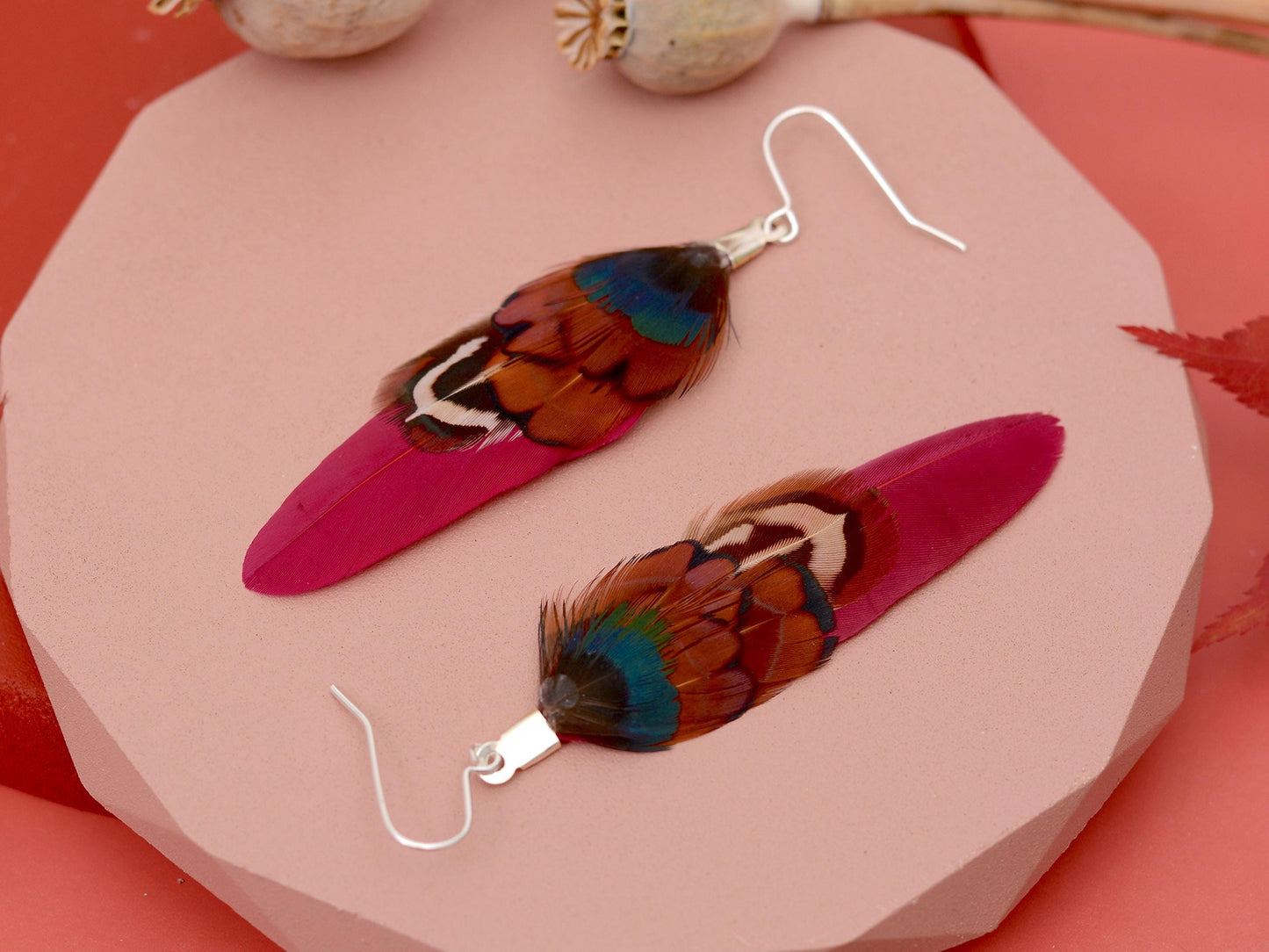Burgundy and Pheasant Feather Earrings Small | Pheasant Feather Earrings | Festival Earrings | Feather Jewellery | Festival Jewellery