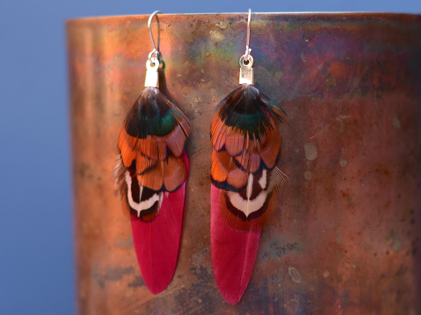 Burgundy and Pheasant Feather Earrings Small | Pheasant Feather Earrings | Festival Earrings | Feather Jewellery | Festival Jewellery