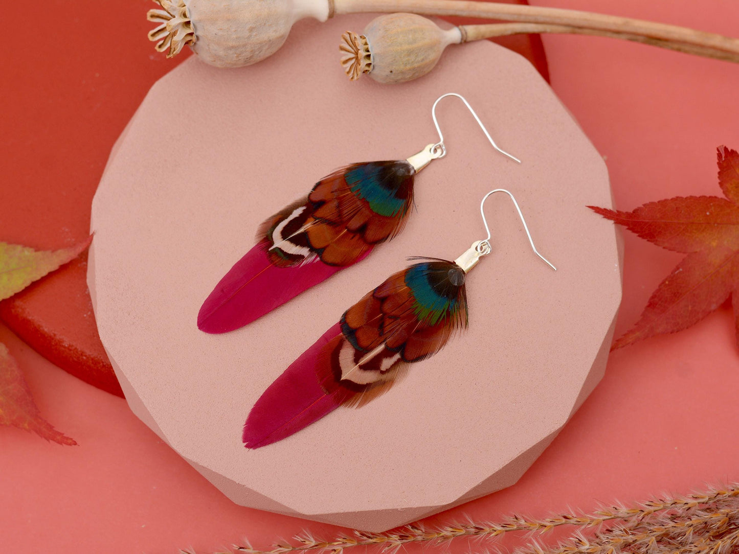 Burgundy and Pheasant Feather Earrings Small | Pheasant Feather Earrings | Festival Earrings | Feather Jewellery | Festival Jewellery
