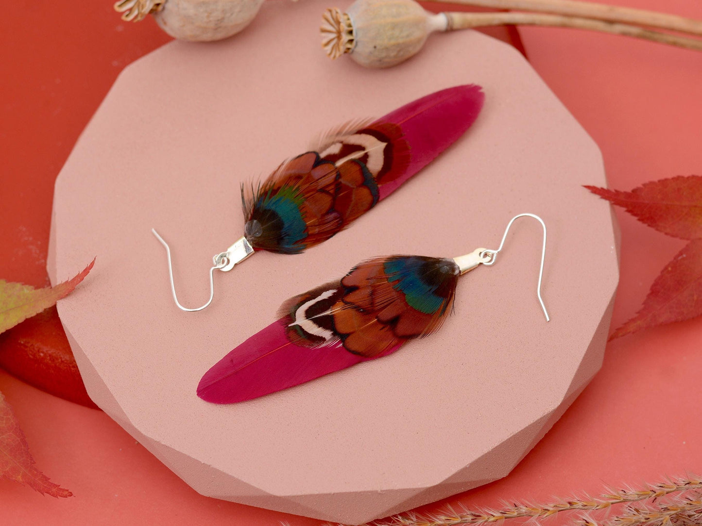 Burgundy and Pheasant Feather Earrings Small | Pheasant Feather Earrings | Festival Earrings | Feather Jewellery | Festival Jewellery
