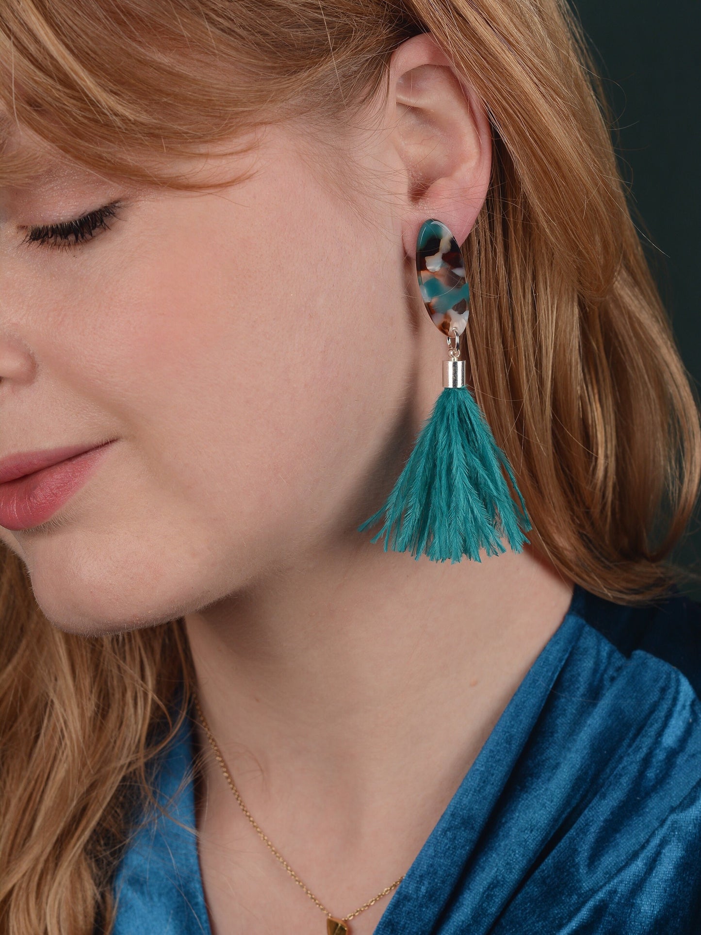 Statement Teal Blue Oval Acetate and Ostrich Feather Tassel Earrings