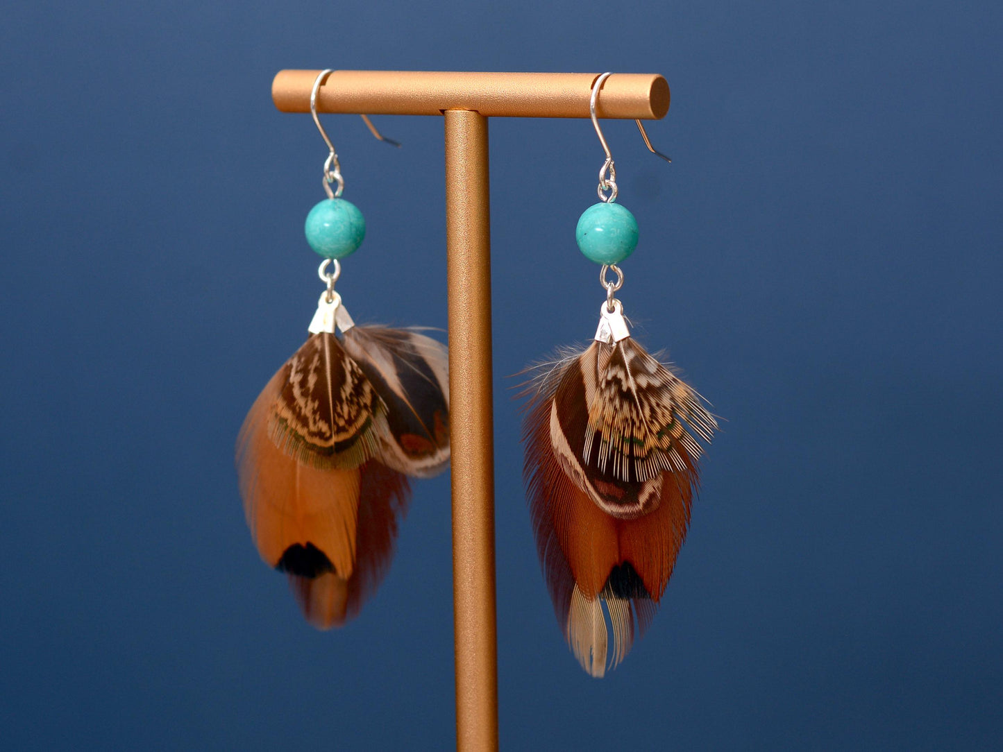 Pheasant Feather Earrings with Turquoise Bead | Feather Jewellery | Festival Jewellery