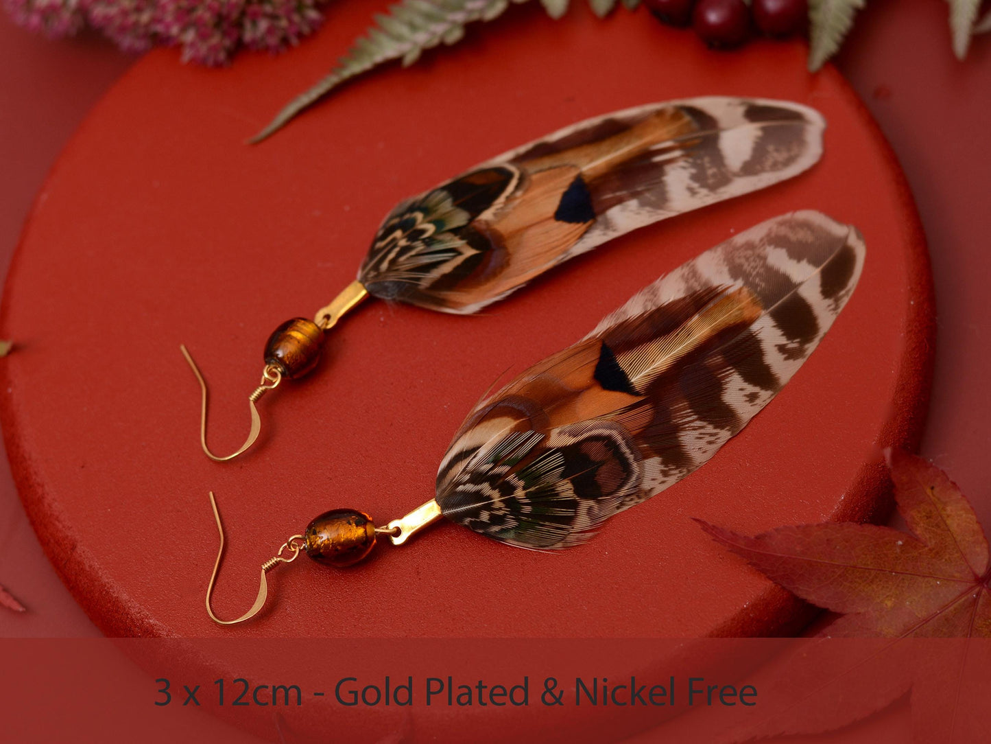 Pheasant Feather Earrings with Amber Glass Bead | Festival Earrings | Feather Jewellery | Festival Jewellery