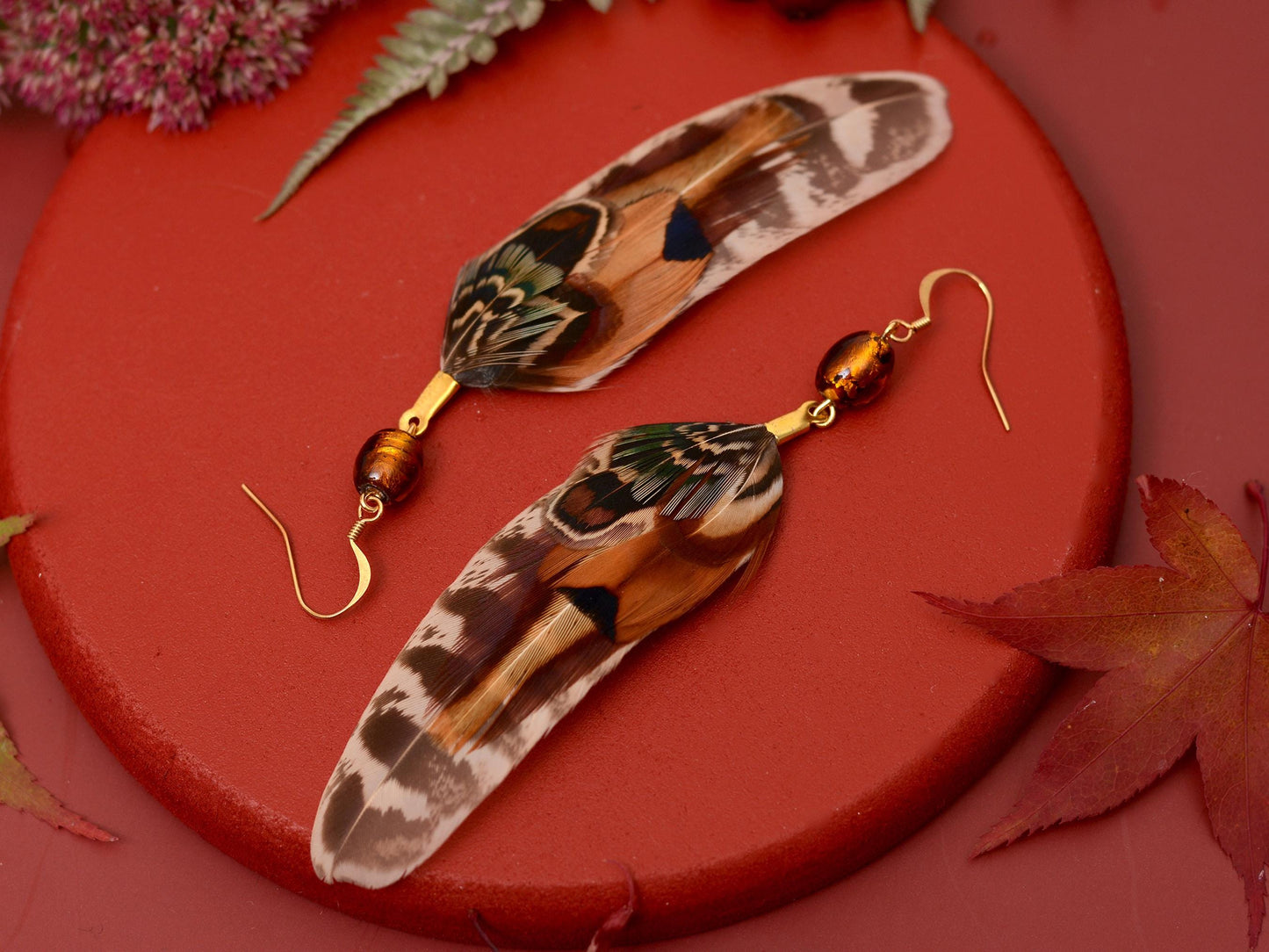 Pheasant Feather Earrings with Amber Glass Bead | Festival Earrings | Feather Jewellery | Festival Jewellery