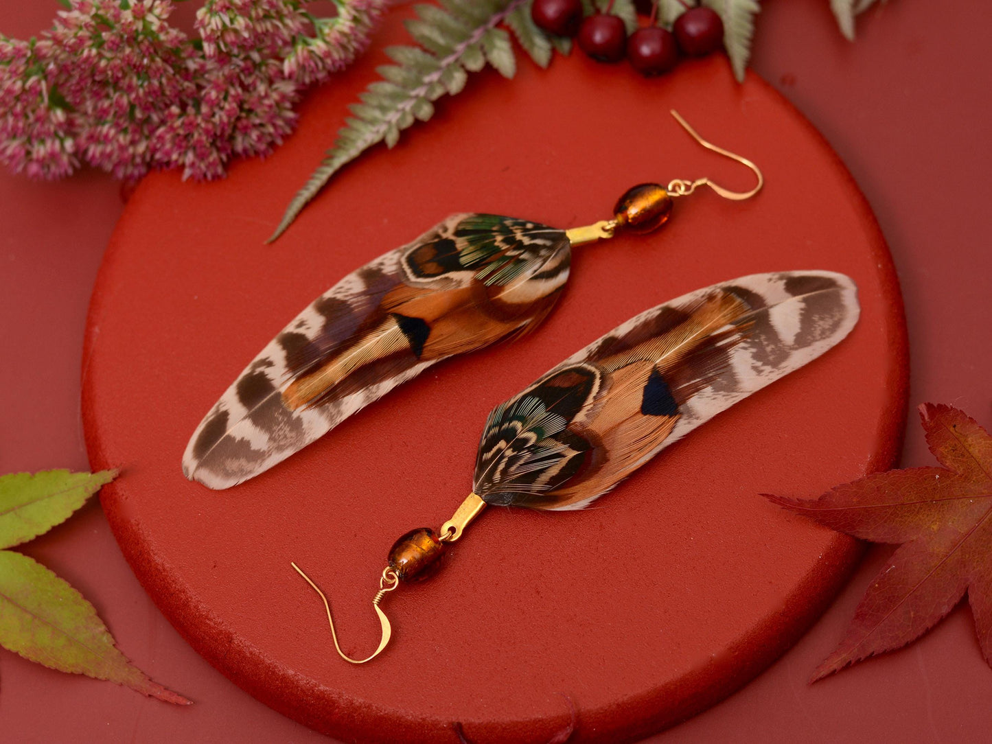 Pheasant Feather Earrings with Amber Glass Bead | Festival Earrings | Feather Jewellery | Festival Jewellery