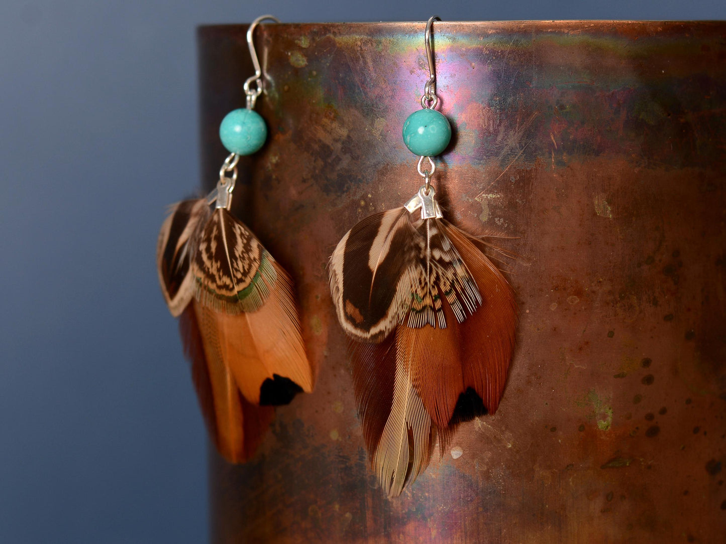 Pheasant Feather Earrings with Turquoise Bead | Feather Jewellery | Festival Jewellery