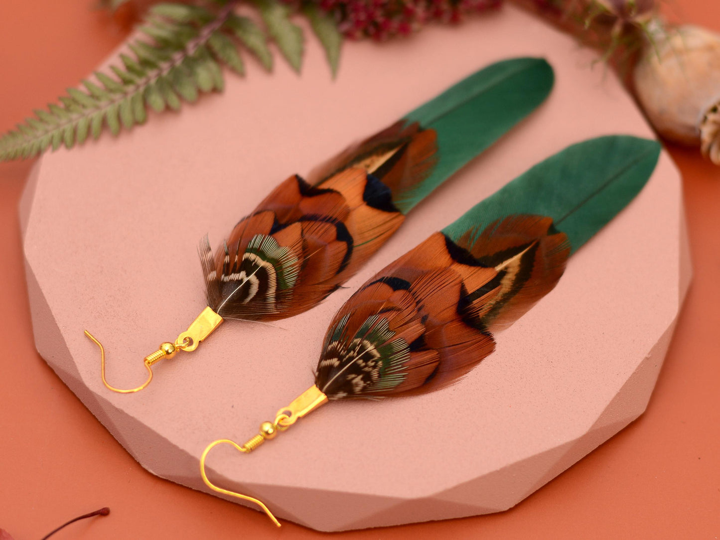 Green and Copper Feather Earrings | Pheasant Feather Earrings | Festival Earrings | Feather Jewellery | Festival Jewellery | Drop Earrings