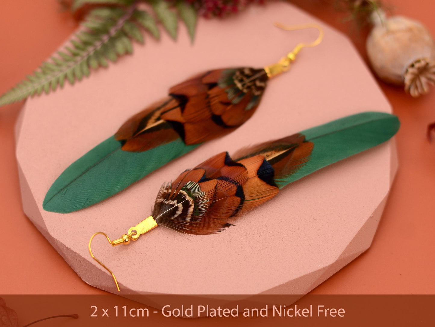 Green and Copper Feather Earrings | Pheasant Feather Earrings | Festival Earrings | Feather Jewellery | Festival Jewellery | Drop Earrings
