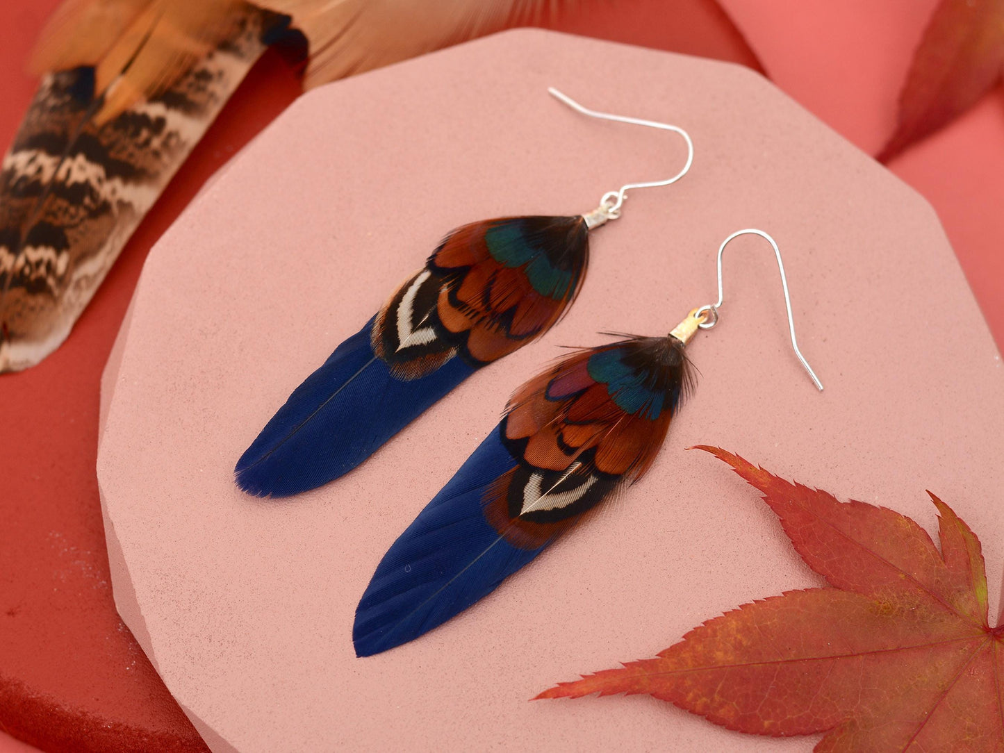 Navy Blue and Copper Small Feather Earrings | Festival Earrings | Feather Jewellery | Festival Jewellery | Drop Earrings