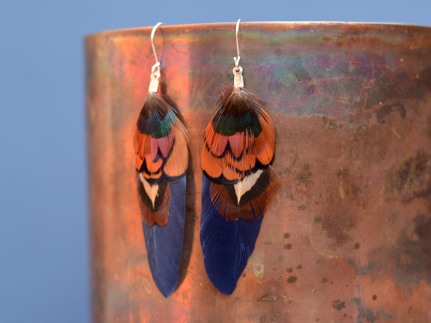 Navy Blue and Copper Small Feather Earrings | Festival Earrings | Feather Jewellery | Festival Jewellery | Drop Earrings