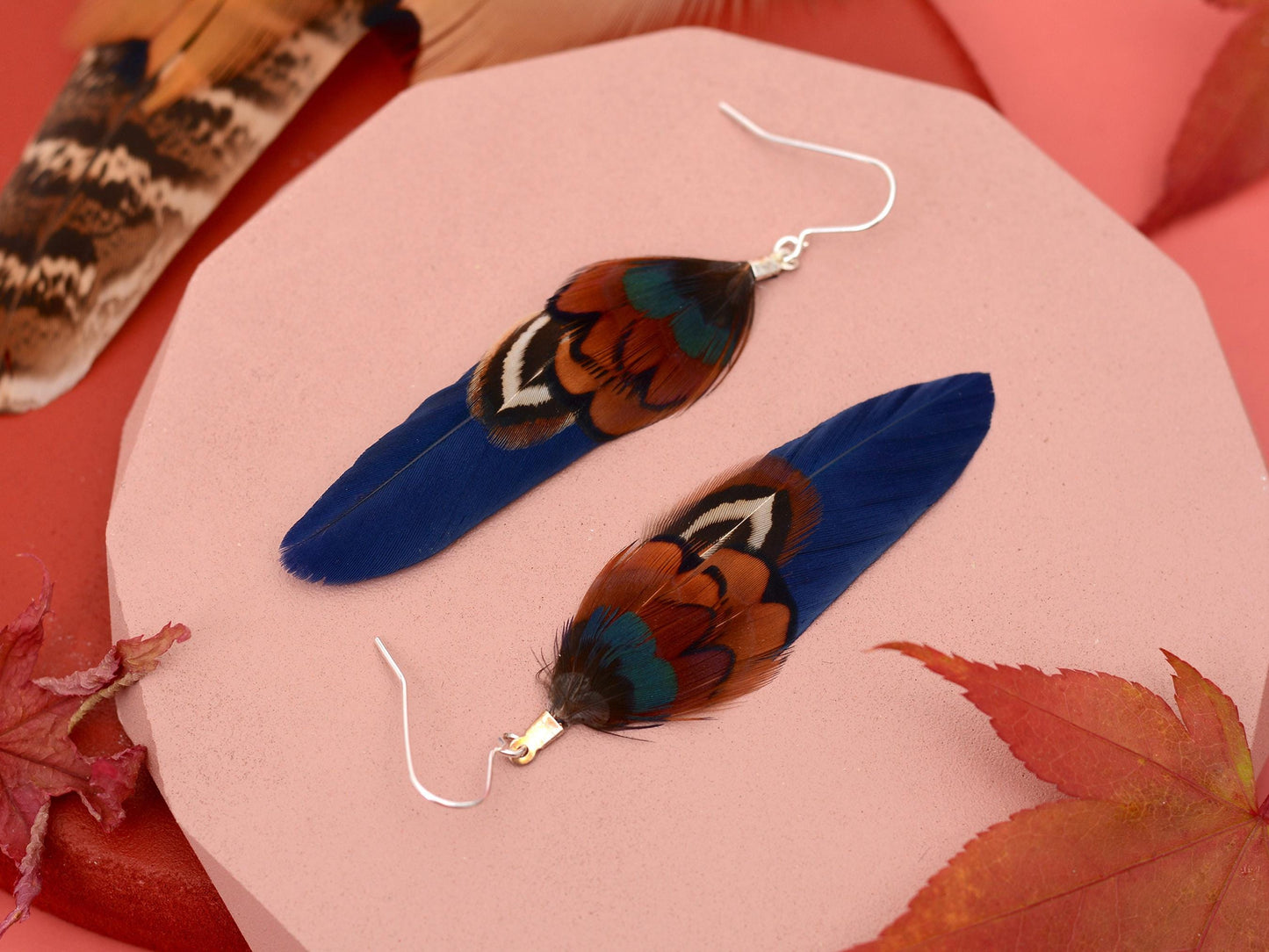 Navy Blue and Copper Small Feather Earrings | Festival Earrings | Feather Jewellery | Festival Jewellery | Drop Earrings