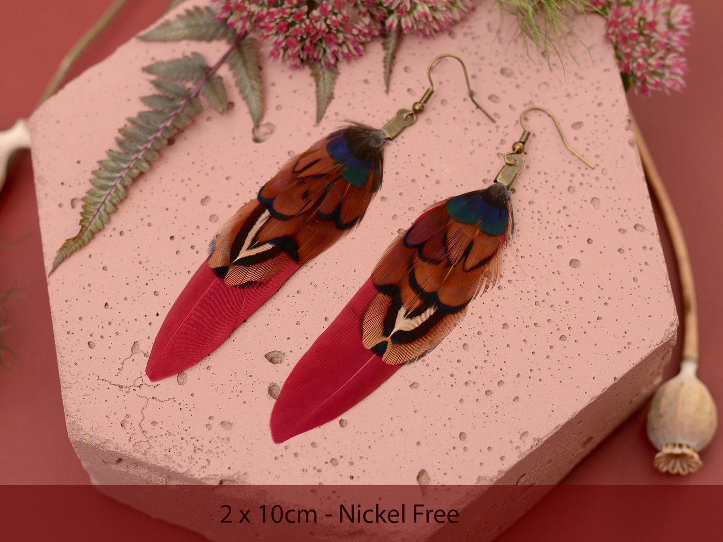 Burgundy and Copper Pheasant Feather Earrings | Festival Earrings | Feather Jewellery | Festival Jewellery | Drop Earrings