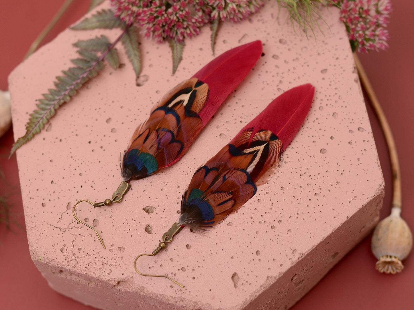 Burgundy and Copper Pheasant Feather Earrings | Festival Earrings | Feather Jewellery | Festival Jewellery | Drop Earrings