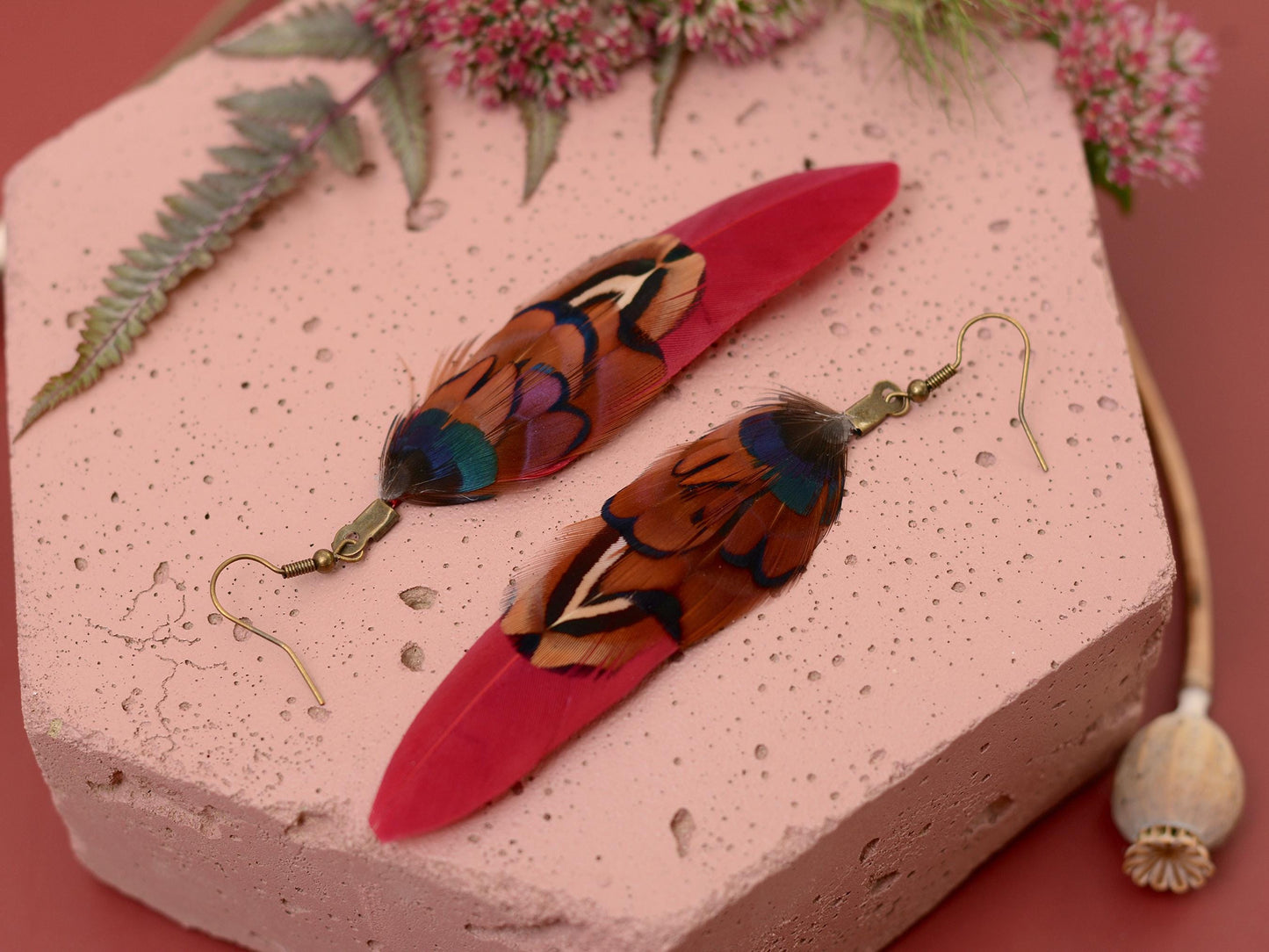 Burgundy and Copper Pheasant Feather Earrings | Festival Earrings | Feather Jewellery | Festival Jewellery | Drop Earrings