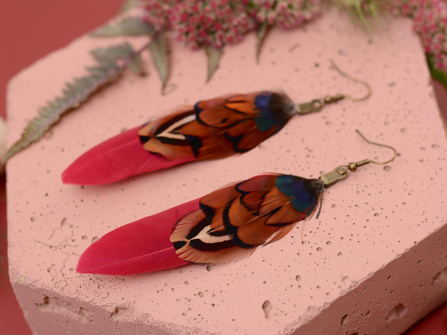 Burgundy and Copper Pheasant Feather Earrings | Festival Earrings | Feather Jewellery | Festival Jewellery | Drop Earrings