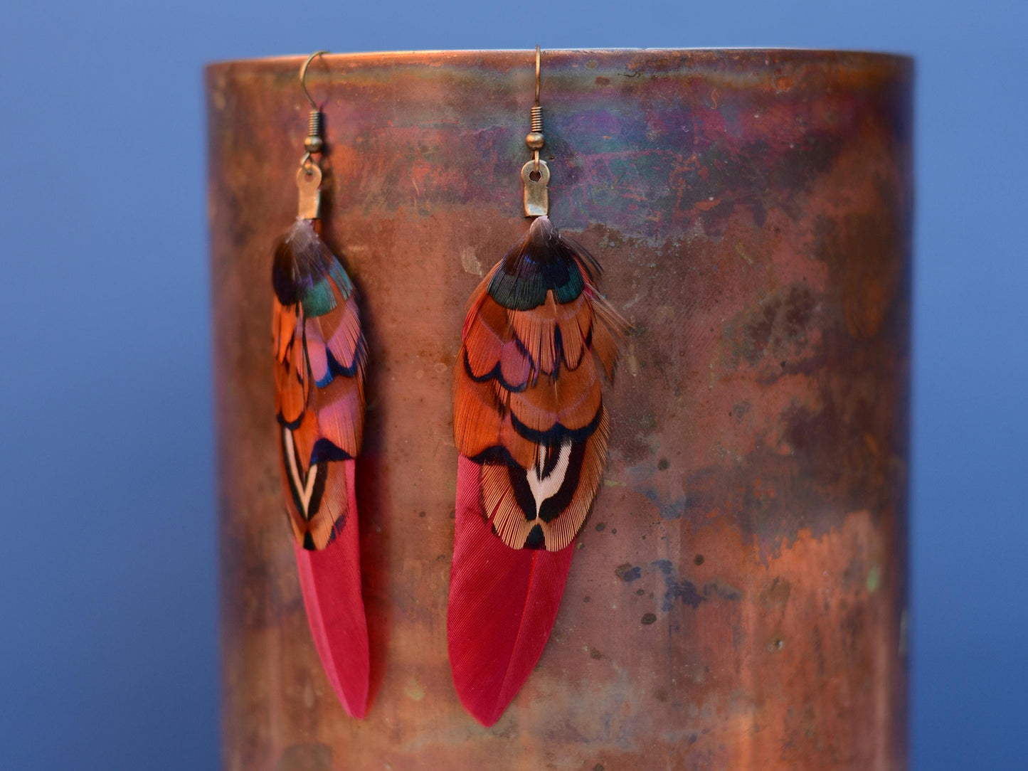 Burgundy and Copper Pheasant Feather Earrings | Festival Earrings | Feather Jewellery | Festival Jewellery | Drop Earrings