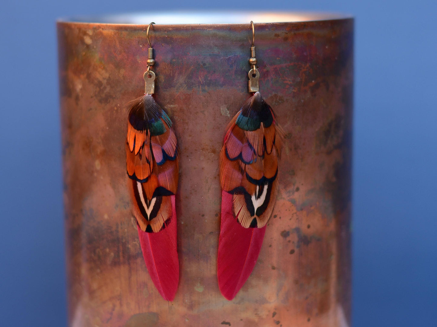 Burgundy and Copper Pheasant Feather Earrings | Festival Earrings | Feather Jewellery | Festival Jewellery | Drop Earrings