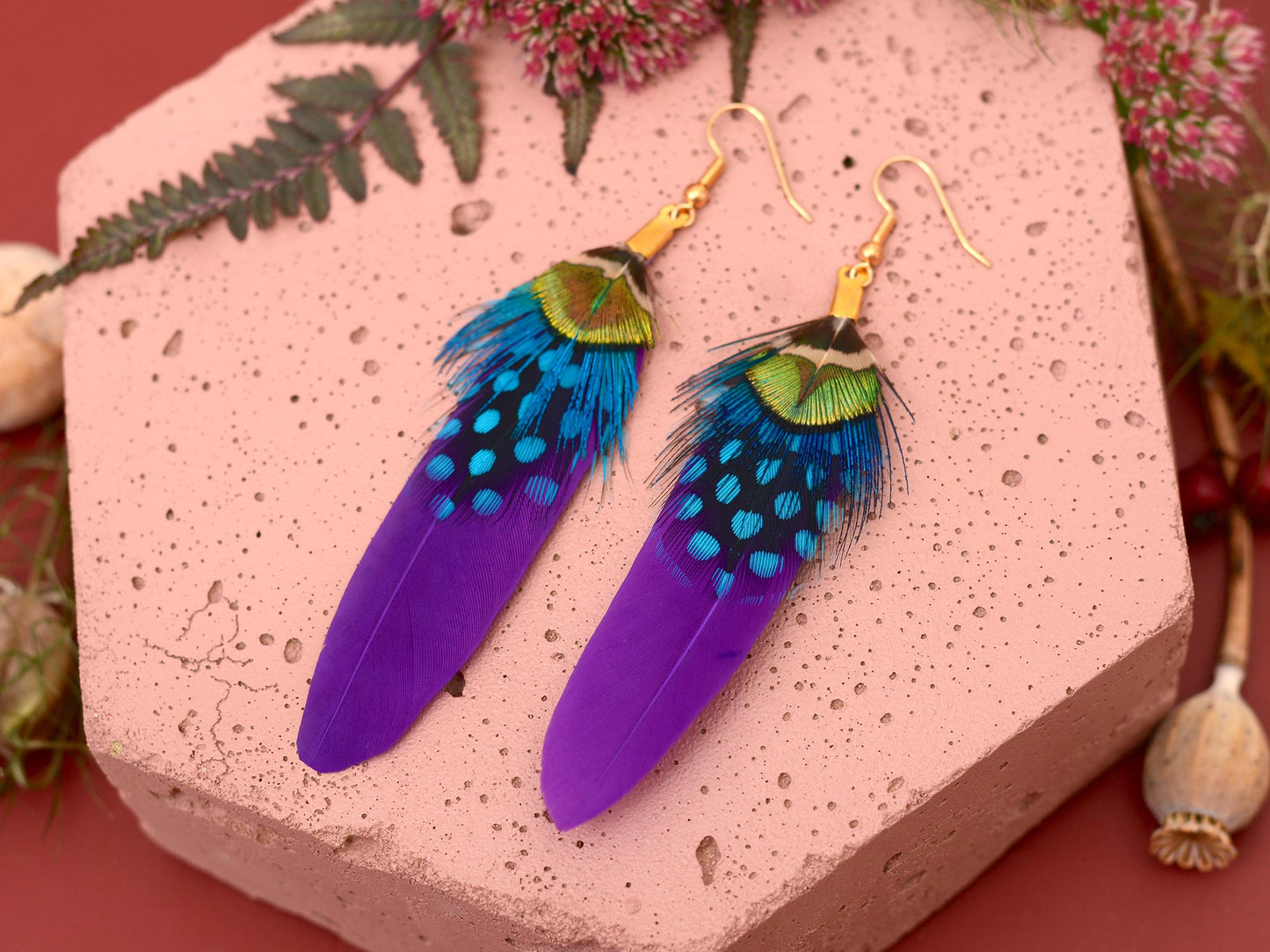 Purple Feather Earrings | Peacock Feather Earrings| Festival Earrings | Feather Jewellery | Festival Jewellery | Bohemian | Drop Earrings
